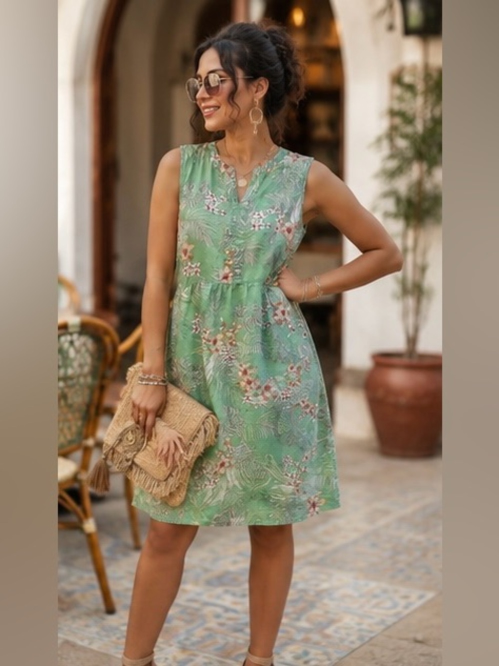 Love Linen Tropical Floral Linen Blend Shift Dress Pockets Size L